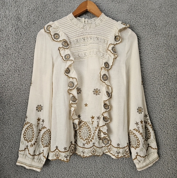 Zara Beige Boho Blouse XS Long Sleeves Ruffled Embroidered Romantic Top - Picture 6 of 16